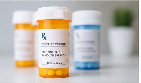 Prescription medication bottles with pharmacy label