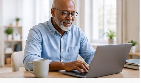 Mature man working on laptop planning retirement